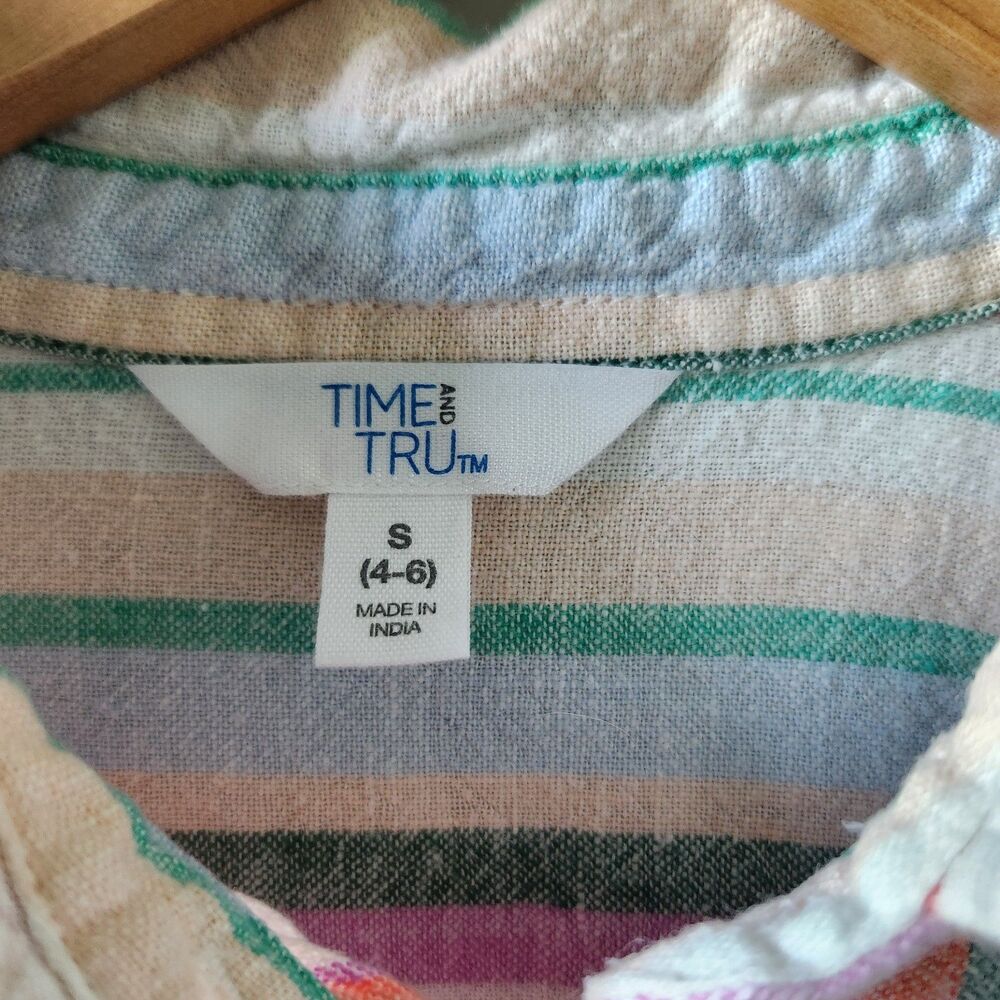 Time And Tru Button Up Shirt Womens XL 16 18 Linen Blend Striped Short Sleeve - Picture 4 of 10